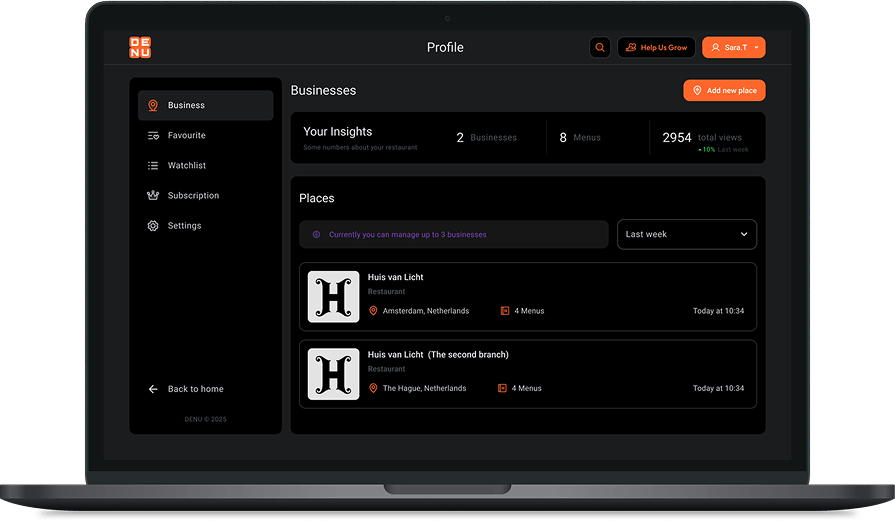 DENU Digital Menu Platform Dashboard Dark Mode